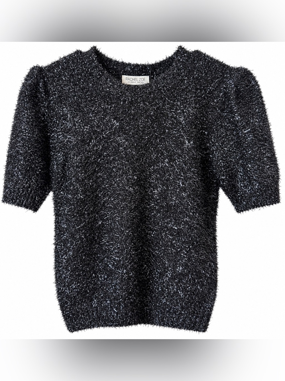 Rachel Zoe Black Silver Metallic Tinsel Puff Sleeve Sweater Top M NWT
